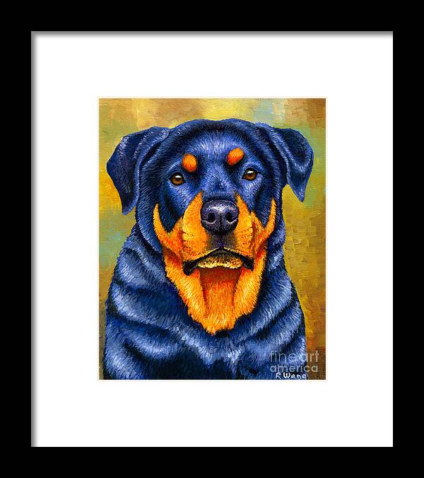 Rottweiler Framed Print featuring the painting Colorful Rottweiler Dog by Rebecca Wang