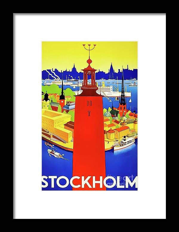 1936 Framed Print featuring the drawing Colorful Stockholm Sweden Travel Poster 1936 by M G Whittingham