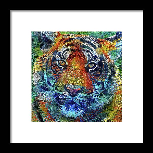 Tiger Framed Print featuring the digital art Colorful Tiger Mosaic Art by Peggy Collins