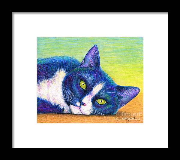 Cat Framed Print featuring the drawing Colorful Tuxedo Cat by Rebecca Wang