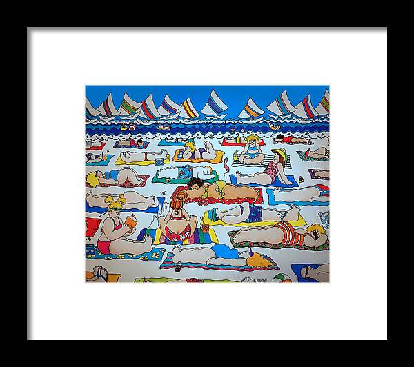 Colorful Beach Framed Print featuring the painting Colorful Whimsical Beach Seashore Women Men by Rebecca Korpita
