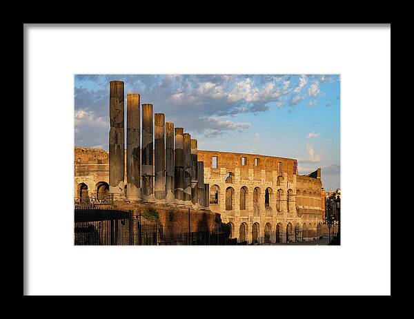 Colosseum Framed Print featuring the photograph Colosseum and Via Sacra Columns at Sunset by Artur Bogacki