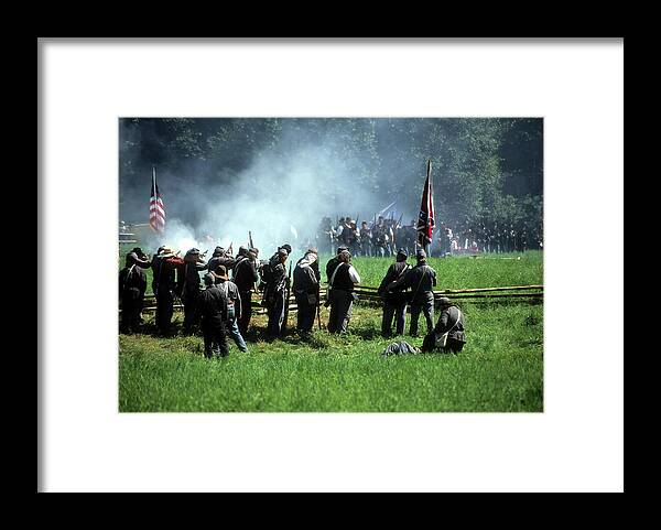 Actors Framed Print featuring the photograph Confederates volley fire on advancing Union soldiers by Steve Estvanik
