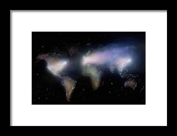 Majestic Framed Print featuring the drawing Constellation of stars and nebula in shape of world map (Composite) by Gandee Vasan