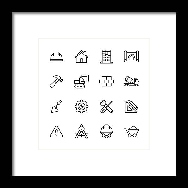 Civil Engineering Framed Print featuring the drawing Construction Line Icons. Editable Stroke. Pixel Perfect. For Mobile and Web. Contains such icons as Construction, Repair, Renovation, Blueprint, Helmet, Hammer, Brick, Work Tools, Spatula. by Rambo182