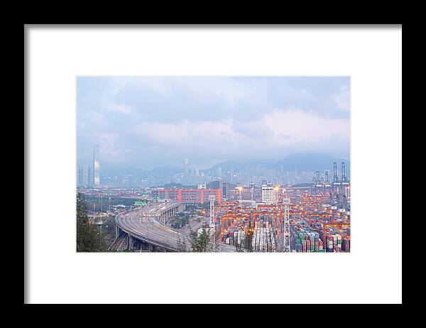 Chinese Culture Framed Print featuring the photograph Container terminal and stonecutter bridge in Hong by Cozyta