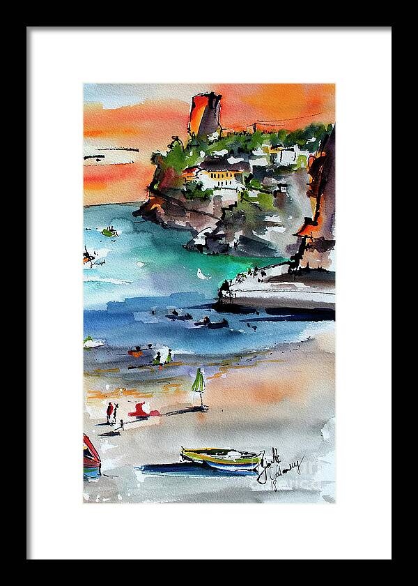 Amalfi Framed Print featuring the painting Contemporary Italy Amalfi Coast Watercolor and Ink Art by Ginette Callaway