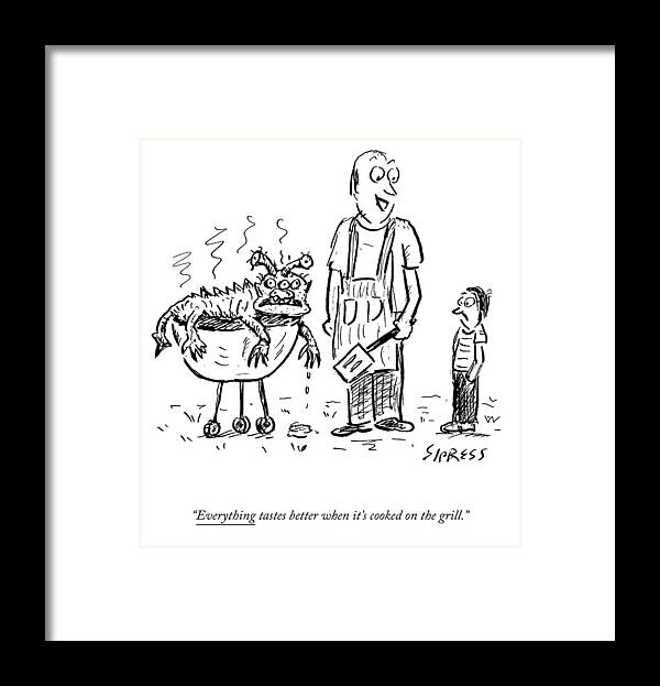 A26591 Framed Print featuring the drawing Cooked On a Grill by David Sipress