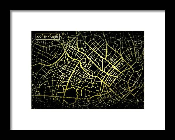 Map Framed Print featuring the digital art Copenhagen Map in Gold and Black by Sambel Pedes