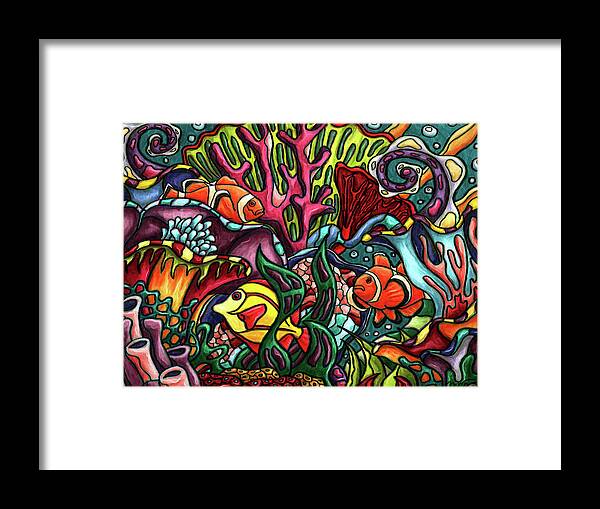Tropical Fish Framed Print featuring the painting Coral reef fish colorful painting, tropical underwater scene by Nadia CHEVREL