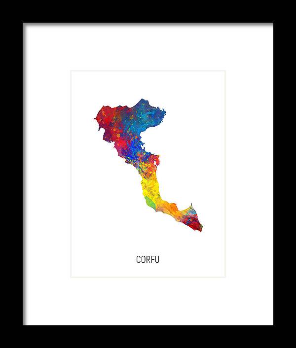 Corfu Framed Print featuring the digital art Corfu Watercolor Map #40 by Michael Tompsett