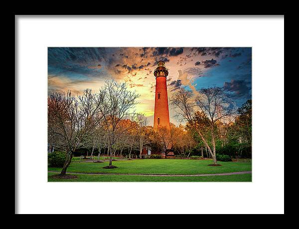 North Carolina Framed Print featuring the photograph Corolla Lighthouse and Sunset Sky horiz by Dan Carmichael