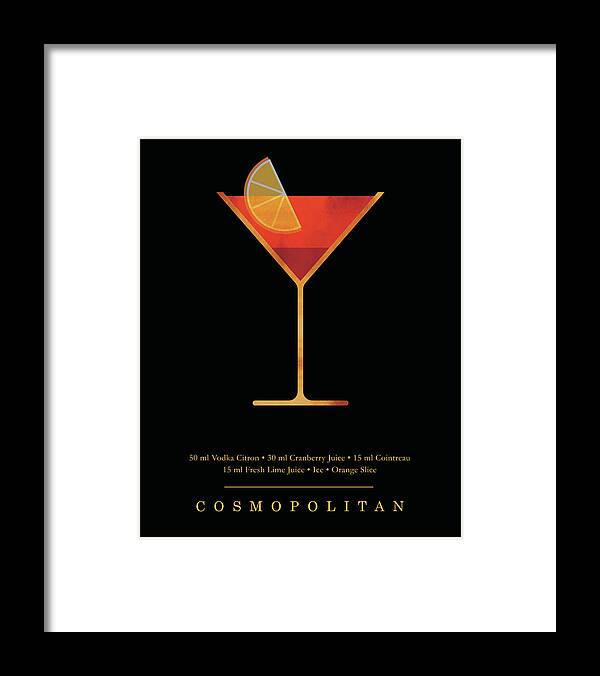 Cosmopolitan Framed Print featuring the digital art Cosmopolitan Cocktail - Classic Cocktail Print - Black and Gold - Modern, Minimal Lounge Art by Studio Grafiikka