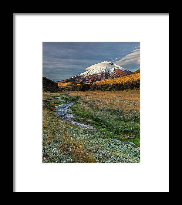 Andes Framed Print featuring the photograph Cotopaxi mountain illuminated with the light of the rising sun by Henri Leduc