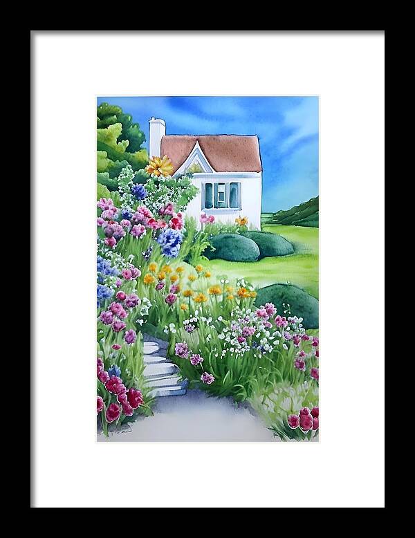 Garden Framed Print featuring the mixed media Cottage Flowers by Bonnie Bruno