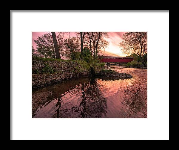 Covered Framed Print featuring the photograph Covered Bridge Sunset on the River by Jason Fink