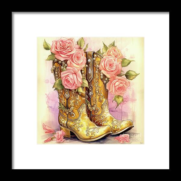 Cowgirl Framed Print featuring the painting Cowgirl Boots And Roses by Tina LeCour