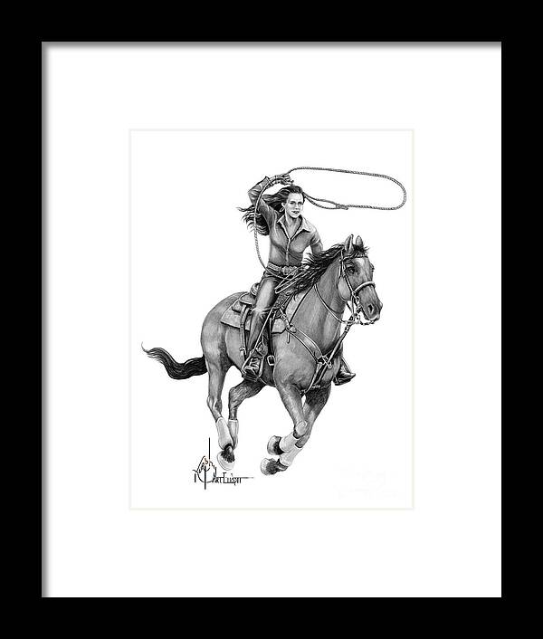 Pencil Framed Print featuring the drawing Cowgirl with lasso drawing by Murphy Elliott