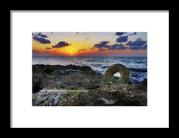 Cozumel Framed Print featuring the photograph Cozumel Sunset on beach with anchor rope by Peter Herman