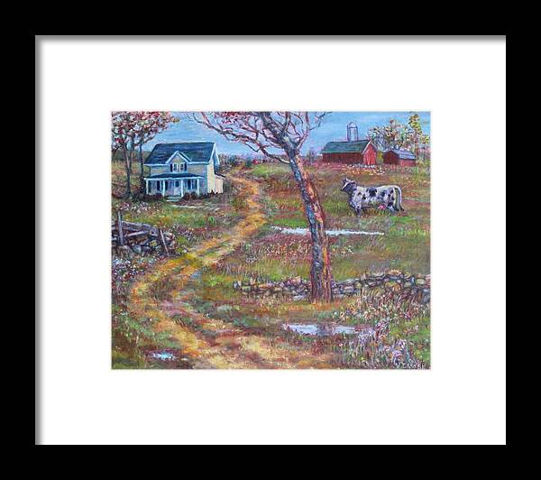 Farm Scene Framed Print featuring the painting Cozy Little Farm by Veronica Cassell vaz