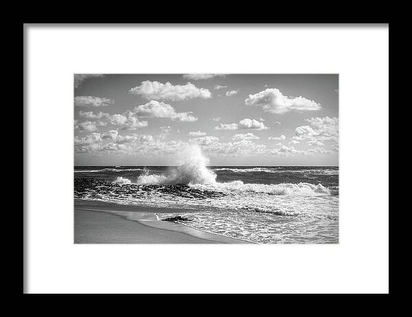 Clouds Framed Print featuring the photograph Crashing into Shore in Black and White by Debra and Dave Vanderlaan