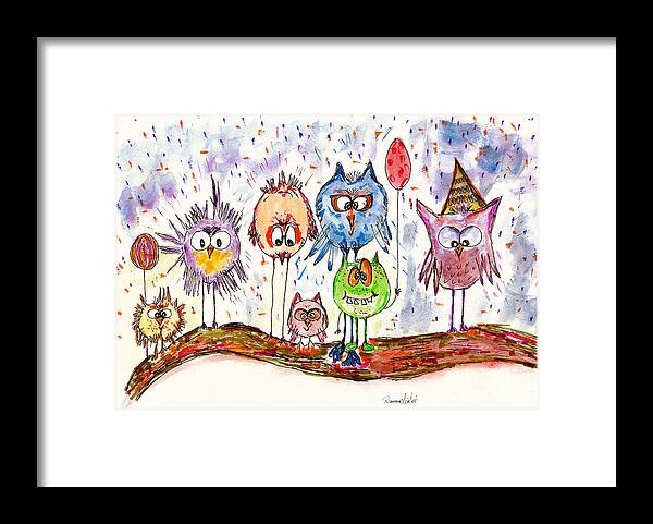 Owls Framed Print featuring the painting Crazy Bastards on a Wild Party by Ramona Matei
