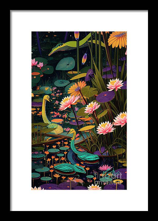 Animals In Wetland Framed Print featuring the digital art Creatures of the Wetland Mysterious Black Water by Ginette Callaway