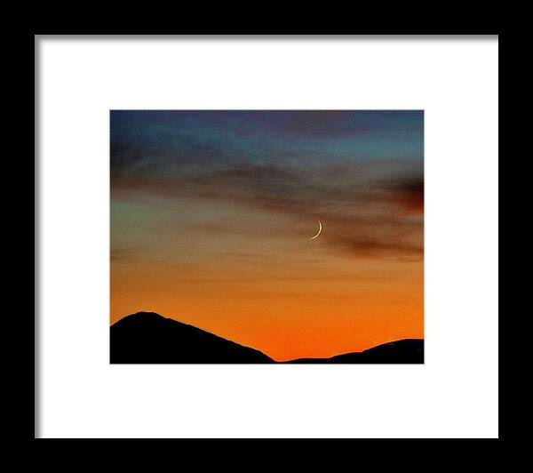 Moon Framed Print featuring the photograph Crescent Moon at Sunset by Sarah Lilja