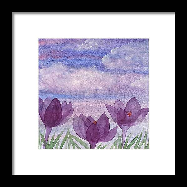 Crocuses Framed Print featuring the painting Crocuses and Clouds by Lisa Neuman