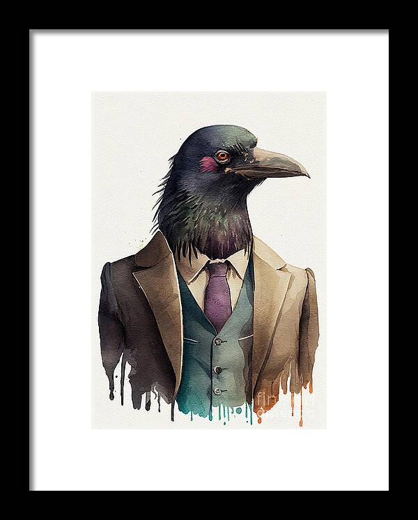 Crow Framed Print featuring the painting Crow in Suit Watercolor Hipster Animal Retro Costume by Jeff Creation