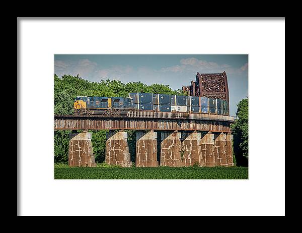 Railroad Framed Print featuring the photograph CSX Intermodal Q026-12 NB over the Ohio River Bridge at Henderson KY by Jim Pearson