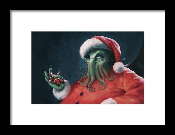 Cthulhu Framed Print featuring the painting Cthulhu Claus - Holiday Snack by Tom Gehrke