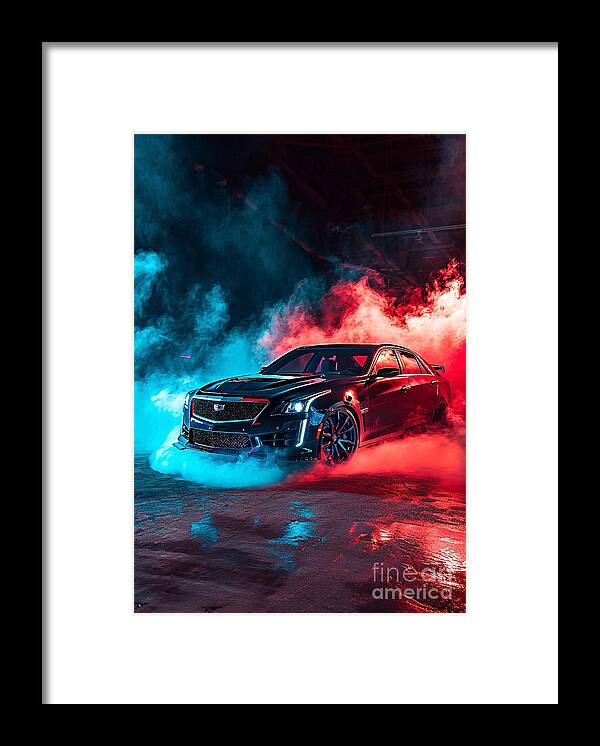 Car Framed Print featuring the digital art CTS-V Conflagration Cadillac CTS-V in Epic Smoke by Clark Leffler