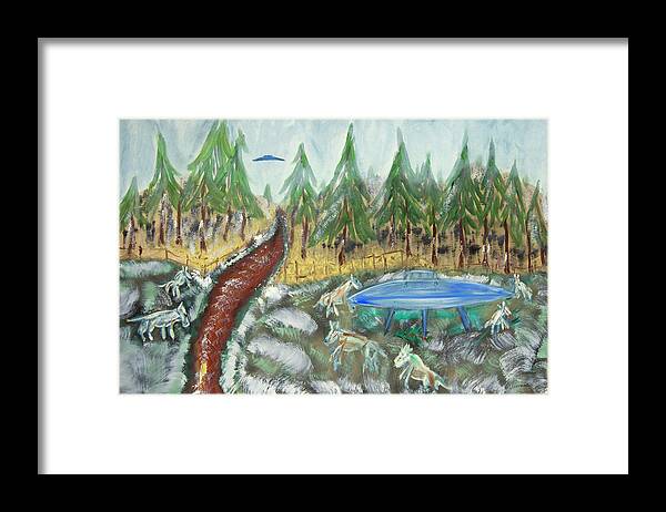 Horses Framed Print featuring the painting Curious Horses with Alien Ship by David McCready