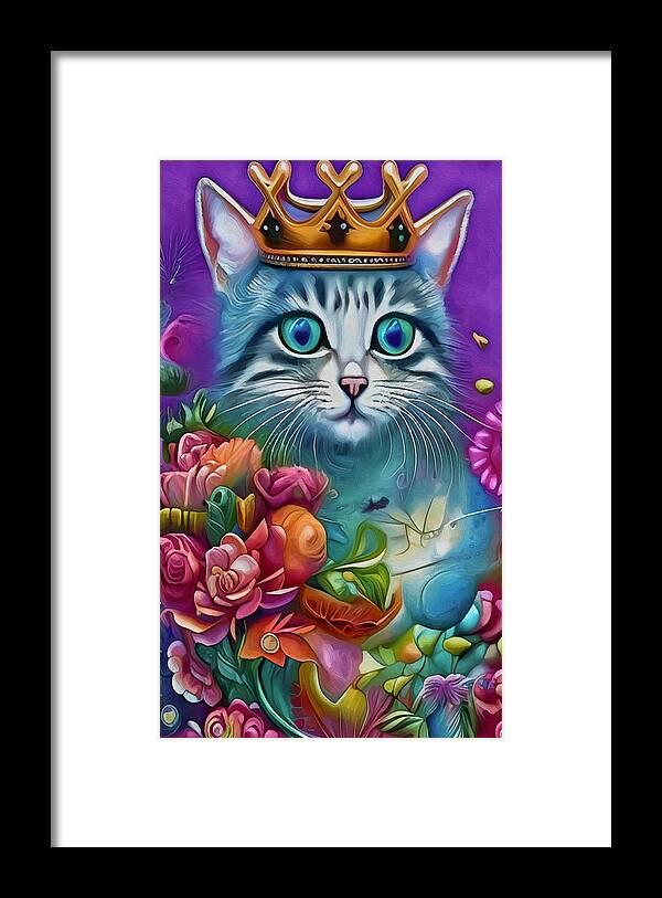 Cute Cat Framed Print featuring the mixed media Cute Cat in a Crown by Ann Leech