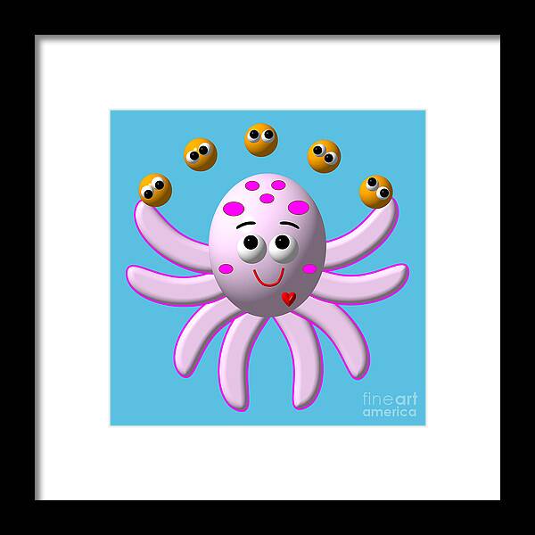 Cute Critters With Heart Octopus Juggling Oranges Framed Print featuring the digital art Cute Critters With Heart Octopus Juggling Oranges by Rose Santuci-Sofranko