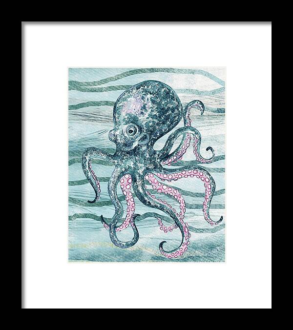 Octopus Framed Print featuring the painting Cute Teal Blue Watercolor Octopus On Calm Wave Beach Art by Irina Sztukowski