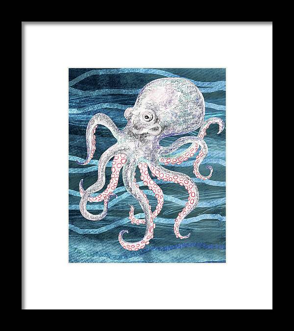 Octopus Framed Print featuring the painting Cute Watercolor Octopus On A Blue Wave Beach Art by Irina Sztukowski