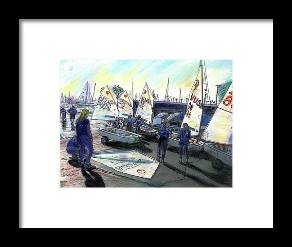 Cyc Framed Print featuring the painting CYC Junior Opti Sailors by Randy Sprout