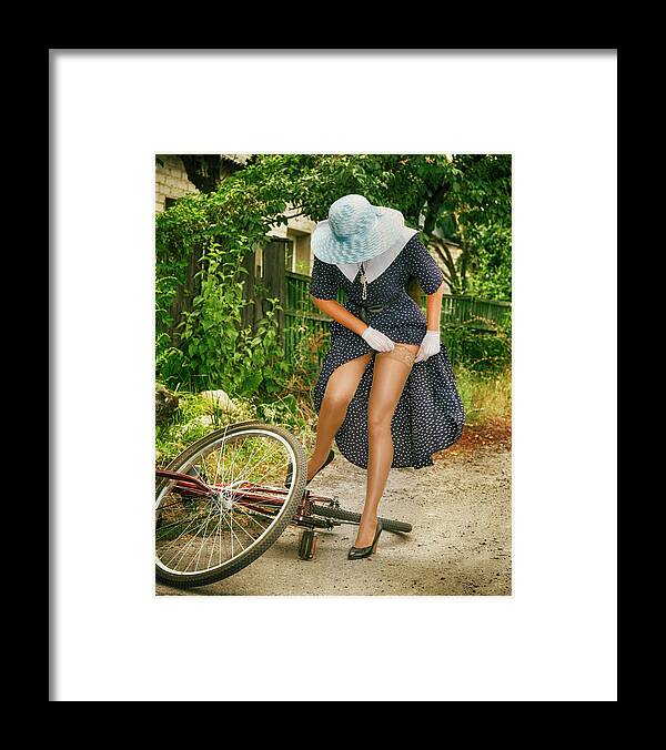#instagram #edgalagan #galagan #edwardgalagan #nederland #netherlands #dutch #stockings #artgallery #edward_galagan #legs #sexy_legs #eindhoven #stocking #hat #hoed #eduardgalagan #fence #eduard_galagan #kousen #pinup #fashion #eduardgalagan #garters #fiets #retro #vintage #cyclist #bicycle #bike Framed Print featuring the digital art Cyclist by Edward Galagan