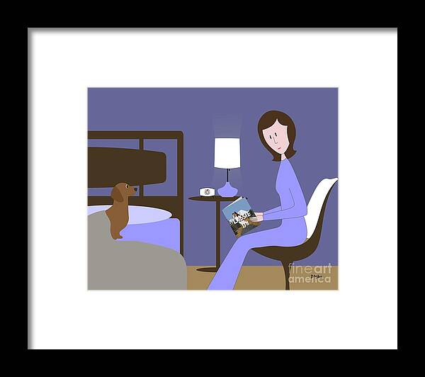 Mid Century Dog Framed Print featuring the digital art Dachshund Bedtime Book Reading Time by Donna Mibus