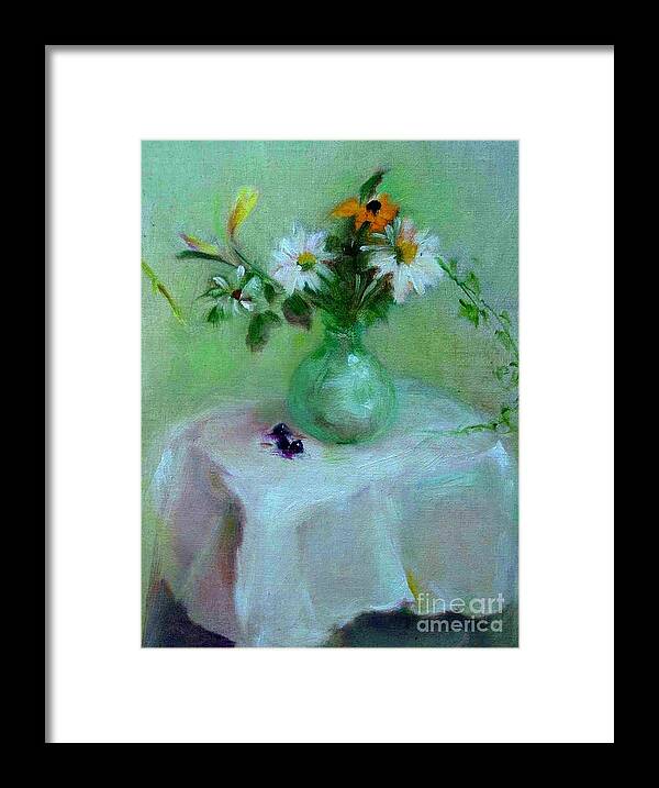 Contemporary Floral Framed Print featuring the painting Daisies and White Linen copyrighted by Kathleen Hoekstra