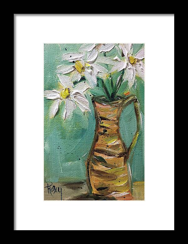 Daisies Framed Print featuring the painting Daisies in a Wicker Pitcher by Roxy Rich