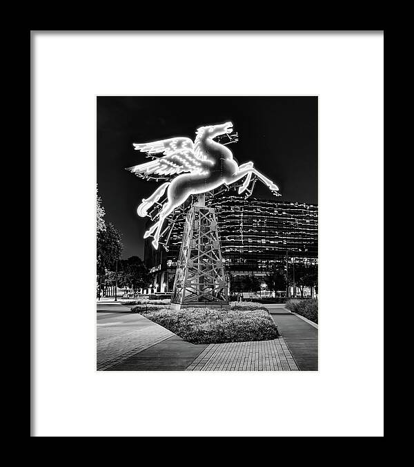 Dallas Images Framed Print featuring the photograph Dallas Pegasus Lights in Black and White by Gregory Ballos
