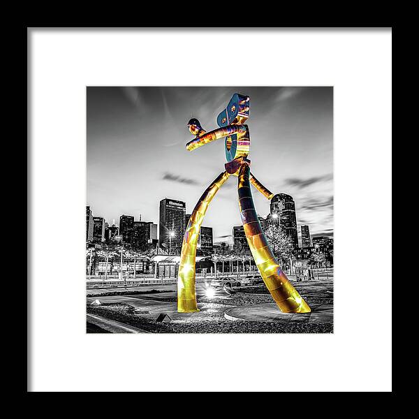 Dallas Texas Framed Print featuring the photograph Dallas Texas Monochrome Skyline and Golden Traveling Man by Gregory Ballos