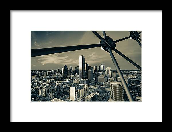 Dallas Skyline Framed Print featuring the photograph Dallas Texas Skyline From Reunion Tower - Sepia Monochrome by Gregory Ballos