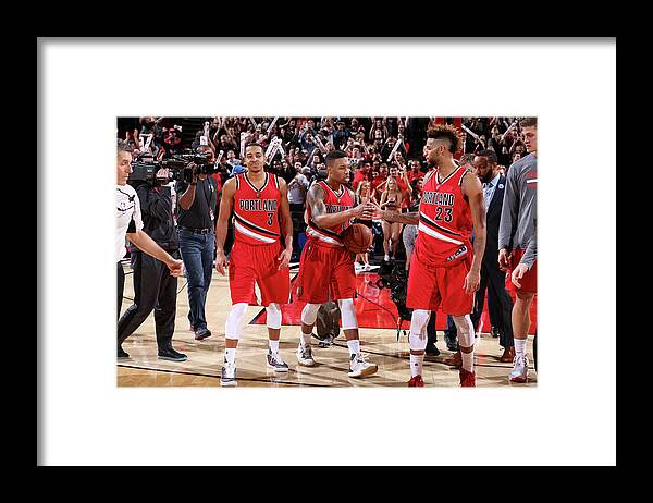 Nba Pro Basketball Framed Print featuring the photograph Damian Lillard, C.j. Mccollum, and Allen Crabbe by Sam Forencich
