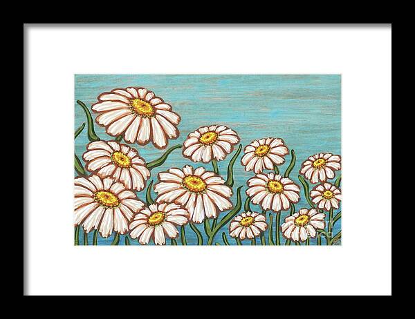 Daisy Framed Print featuring the painting Dancing Daisy Daydreams in Parrot Blue Skies by Amy E Fraser