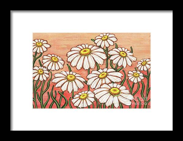 Daisy Framed Print featuring the painting Dancing Daisy Daydreams in Sun Kissed Peach Skies by Amy E Fraser