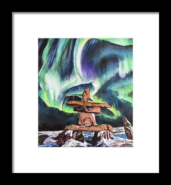 Inukshuk Framed Print featuring the painting Dancing Lights - Churchill by Marilyn McNish